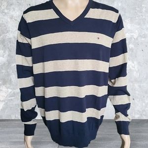Tommy Hilfiger Sweater Pullover Men XL Blue Beige Striped Cotton Preppy Logo